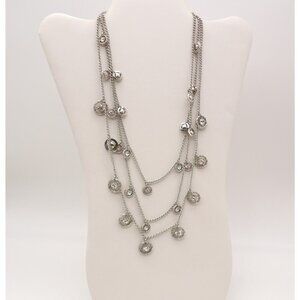Silver Tone Multi Strand Chain Necklace Round Silver Rhinetone Stationed Charms